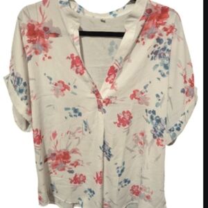 Floral Women's Top - White with Pink and Blue Accents